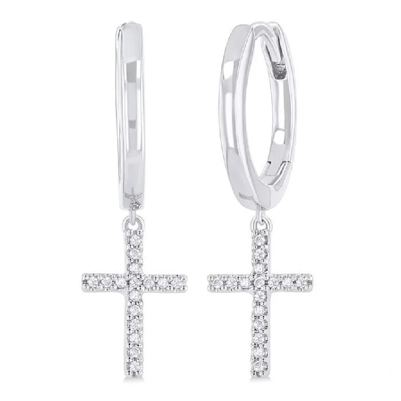 10K White Gold Diamond Cross Dangle Earrings