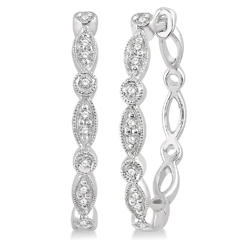 10K White Gold Marquise And Circle Motif Diamond Hoop Earrings