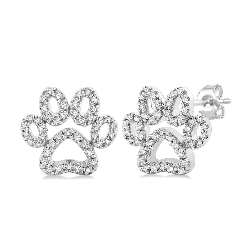 10K White Gold Paw Print Diamond Earrings