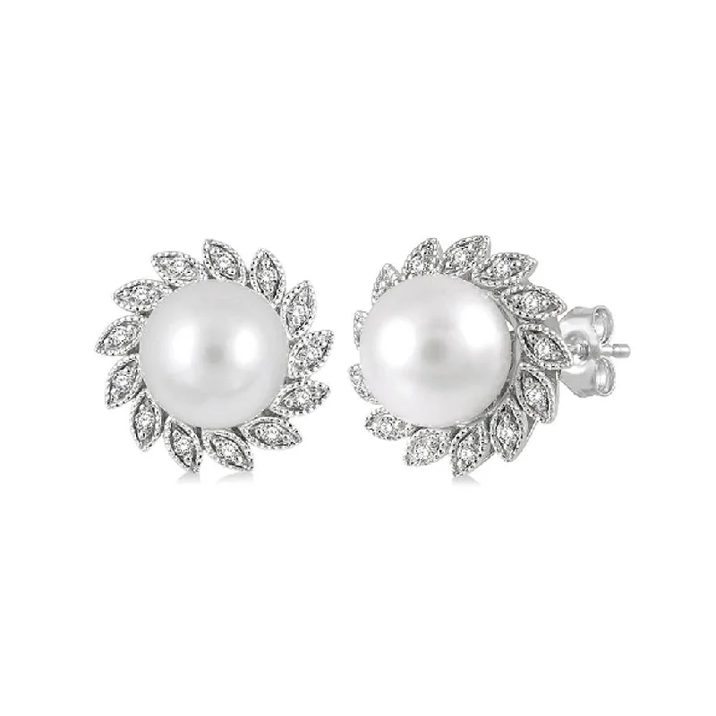 10K White Gold Pearl And Diamond Sunflower Earrings