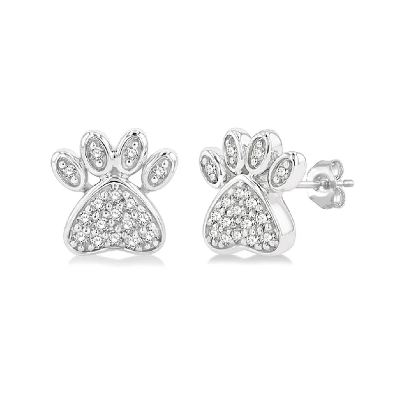 10K White Gold Petite Paw Print Diamond Earrings