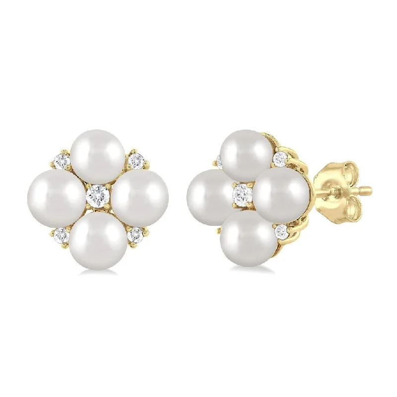 10K Yellow Gold Pearl And Diamond Flower Earrings