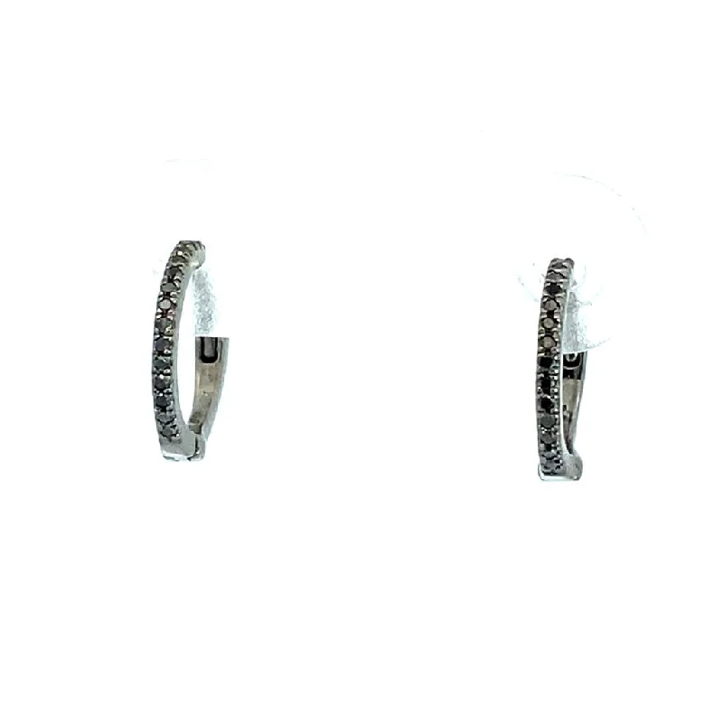 14K Black Rhodium Finish Black Diamond Round Huggie Earrings