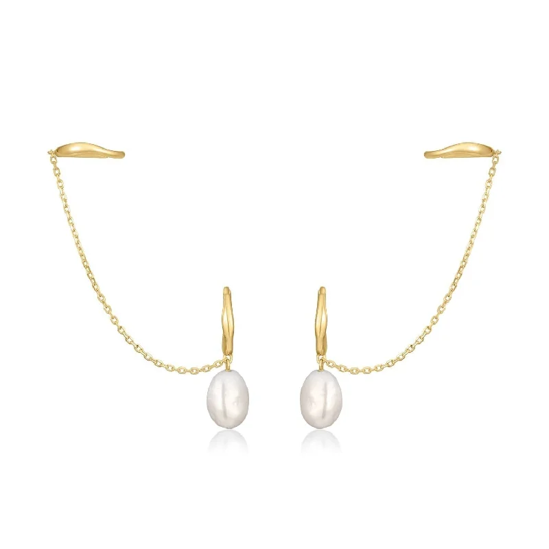 14K Earcuff & Pearl Drop Huggie Hoop Earrings