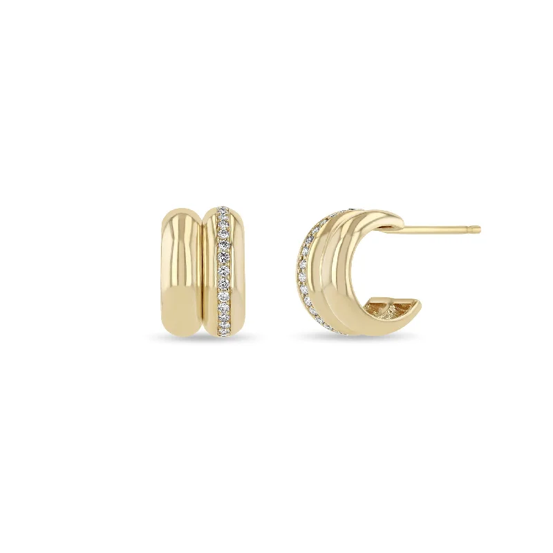 14k Gold & Pavé Diamond Line Double Chubby Huggie Hoops