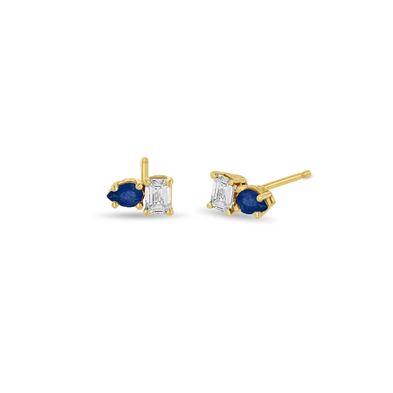 14k Pear Blue Sapphire & Emerald Cut Diamond Studs