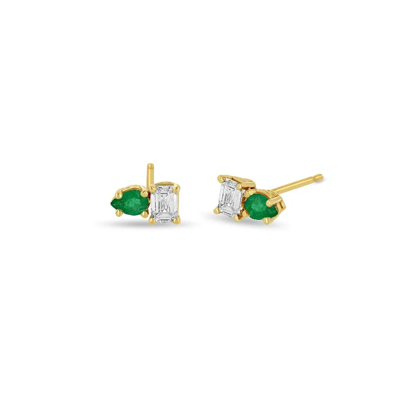 14k Pear Emerald & Emerald Cut Diamond Studs