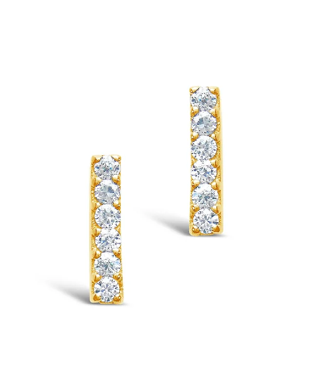 14K Gold Plated Sterling Silver Pave CZ Bar Stud Earrings