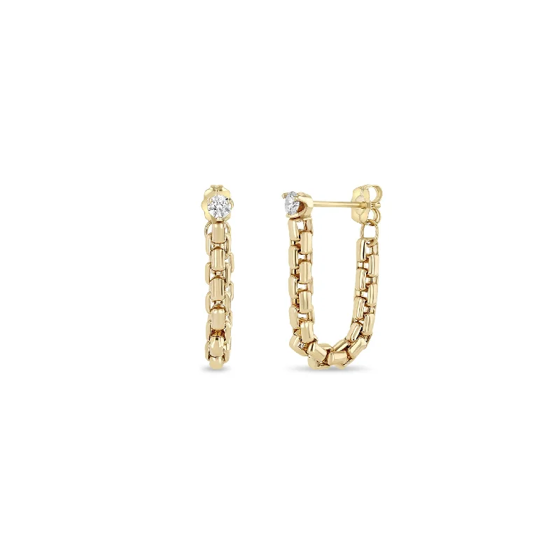 14k Prong Diamond Large Box Chain Huggie Earrings