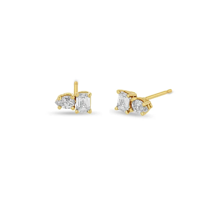 14k Prong Pear & Emerald Cut Diamond Studs