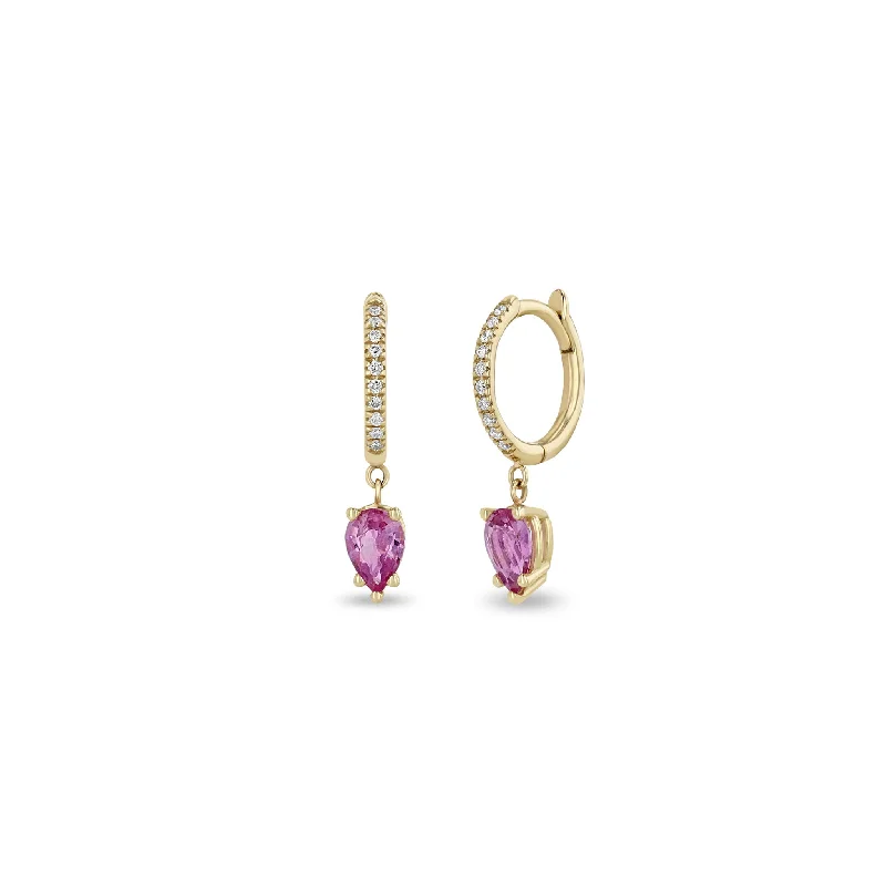 14k Small Pavé Diamond Hinge Huggie Hoops with Pear Pink Sapphires