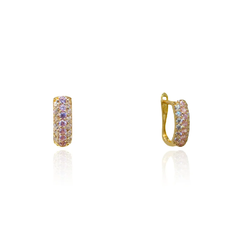 14k Gold Huggie Earrings with Pink and Clear CZ Stones