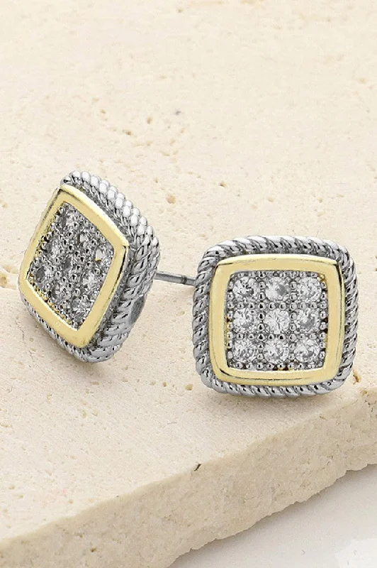 14K Two Tone CZ Stone Paved Square Stud Earrings