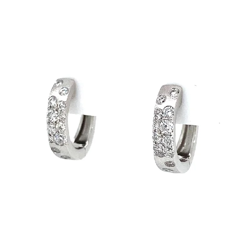 14K White Gold 'Confetti' Satin Finish Diamond Flush Set Hoop Earrings