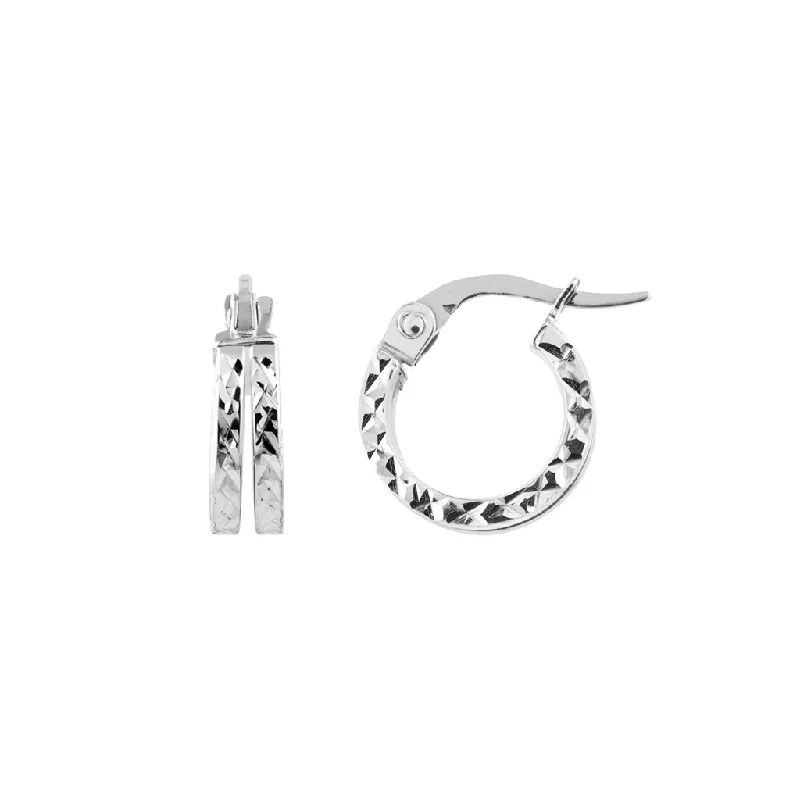 14K White Gold Mini Diamond Cut Double Row Hoop Earrings