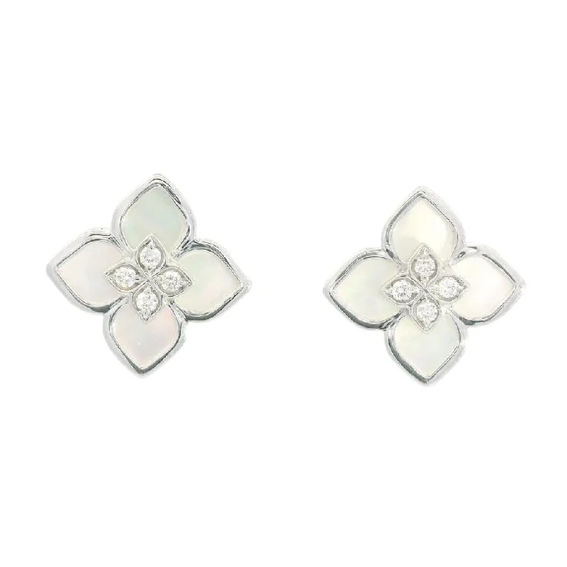 14K White Gold Mother Of Pearl And Diamond Flower Earrings