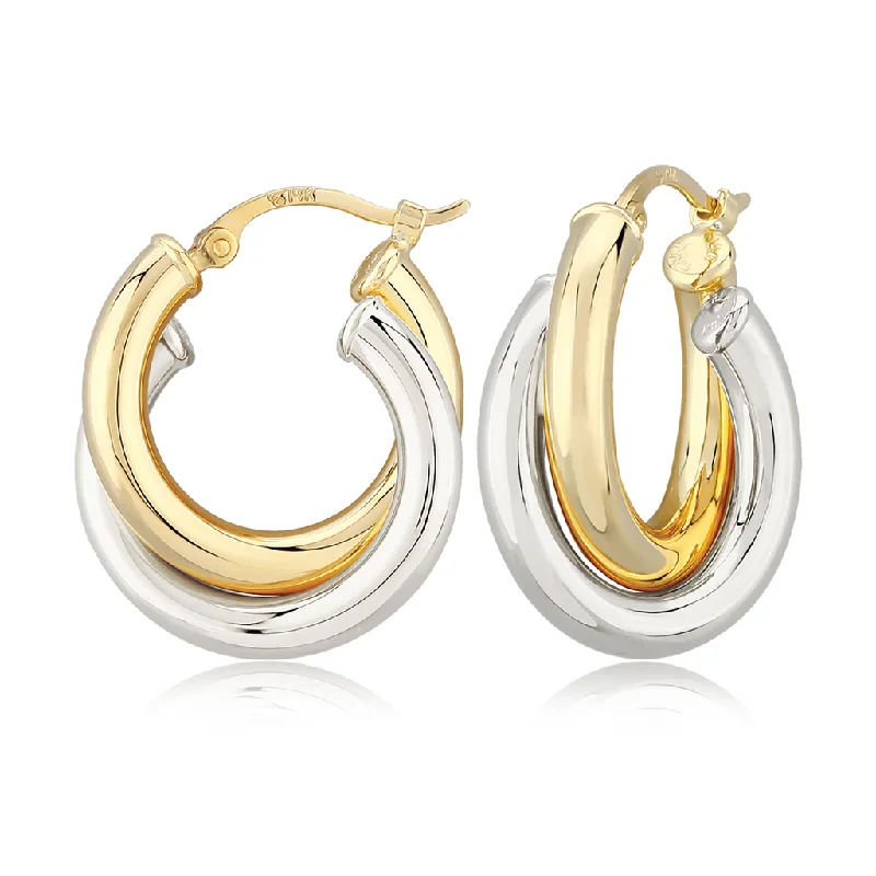 14K Yellow And White Gold Double Tube Hoop Earrings