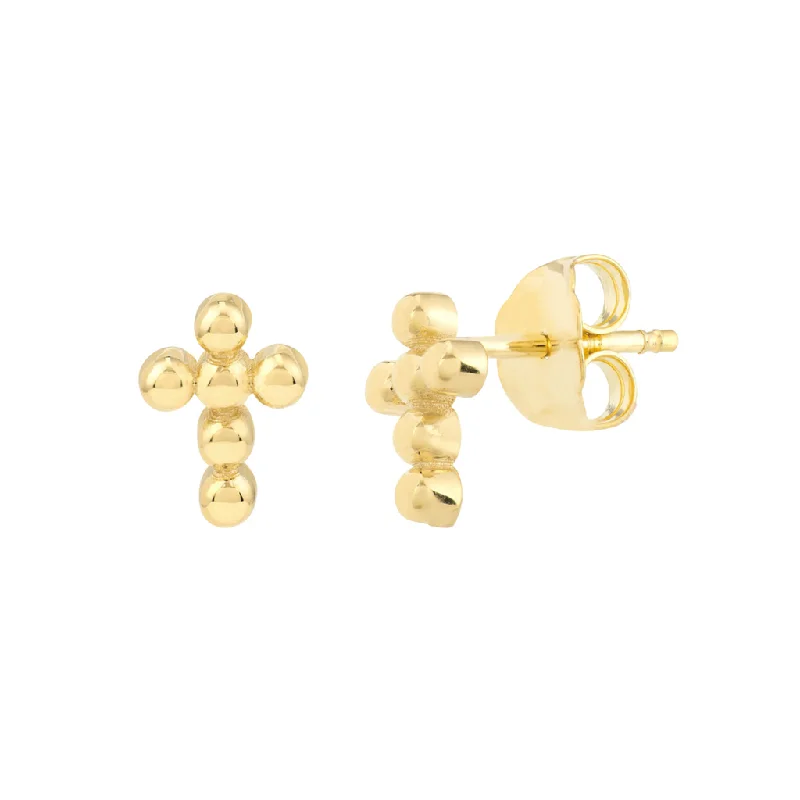 14K Yellow Gold Bead Cross Earrings