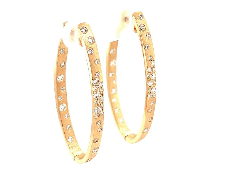 14K Yellow Gold 'Confetti' Satin Finish Diamond Flush Set Hoop Earrings