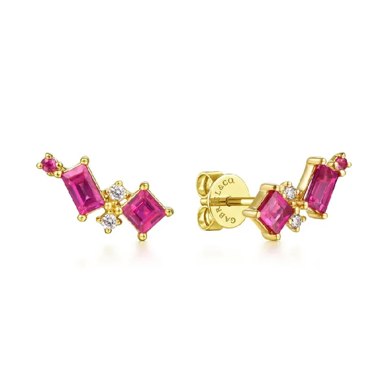 14K Yellow Gold Diamond and Ruby Stud Earrings