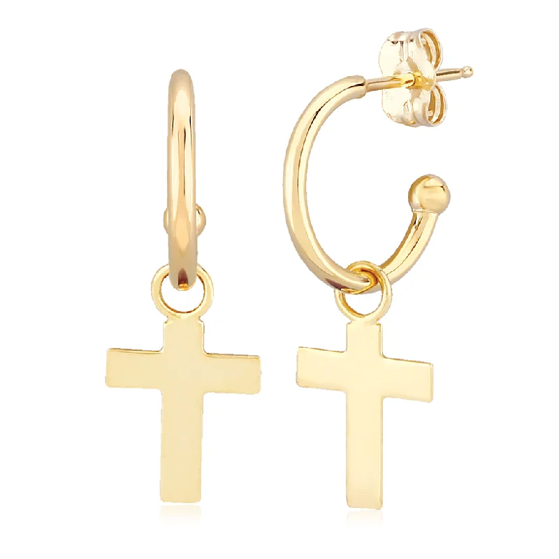 14K Yellow Gold Flat Cross Drop Dangle Earrings