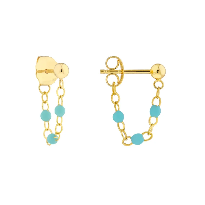 14K Yellow Gold Front To Back Three Beads Turquoise Enamel Earrings