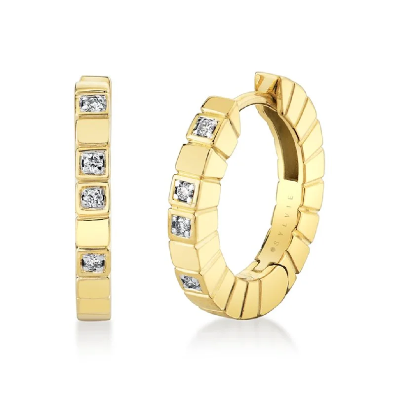 14K Yellow Gold 'Linéaire' Geometric Diamond Huggie Earrings