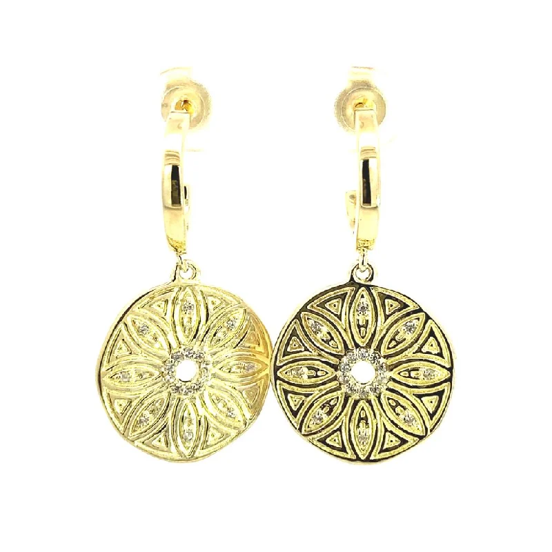 14K Yellow Gold Overlay Flower Medallion Huggie Earrings