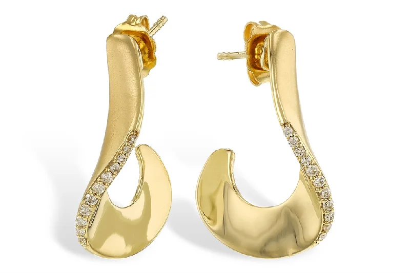 14K Yellow Gold Satin Finish Diamond Medium Hoop Earrings