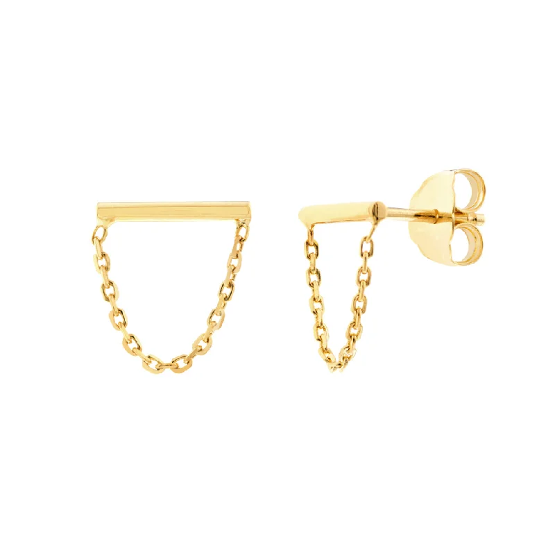 14K Yellow Gold Small Bar And Drape Chain Earrings