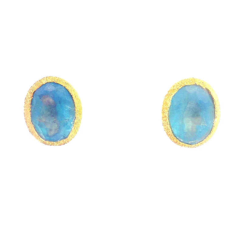 18K Yellow Gold Vermeil Oval Aquamarine Stud Earrings