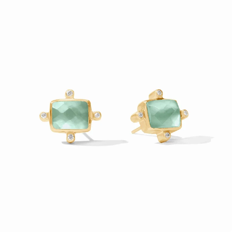 24K Yellow Gold Overlay 'Clara' Studs With Iridescent Aquamarine Blue Crystals