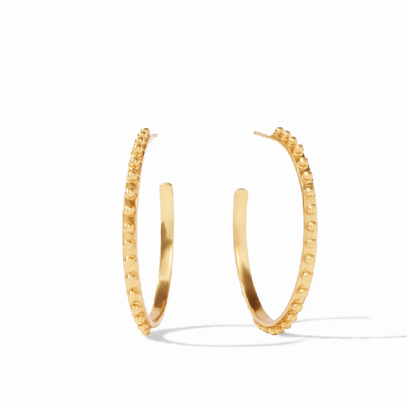 24K Yellow Gold Overlay 'Soho' Large Beaded Hammered Hoop Earrings