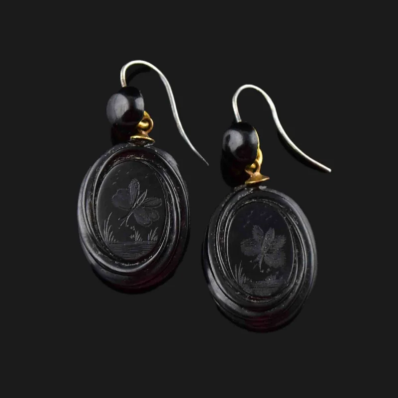 Antique Victorian Carved Whitby Jet Butterfly Earrings