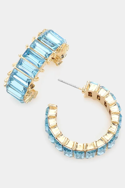 Baguette Aqua Stone Cluster Hoop Evening Earrings