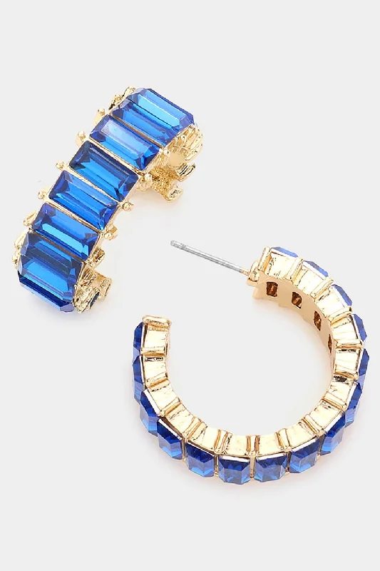 Baguette Blue Stone Cluster Hoop Evening Earrings