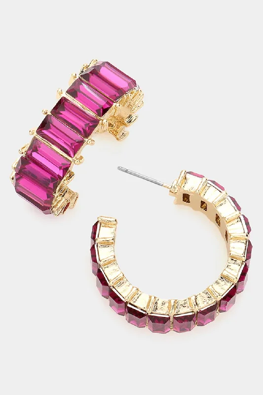 Baguette Fuchsia Stone Cluster Hoop Evening Earrings