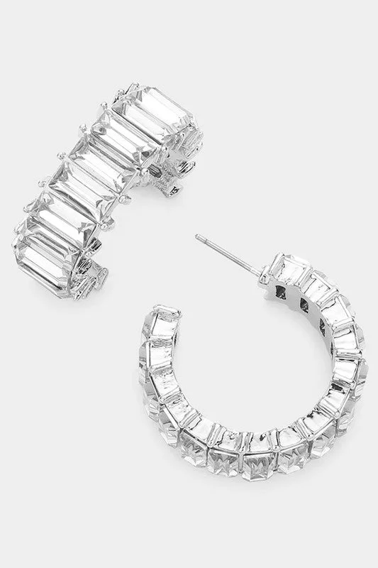 Baguette Silver Clear Stone Cluster Hoop Evening Earrings