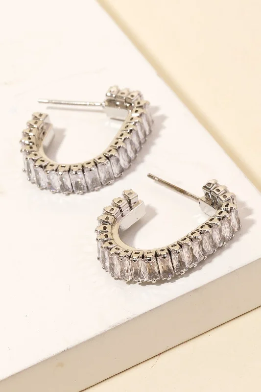 Baguette Silver Oval Hoop Earrings