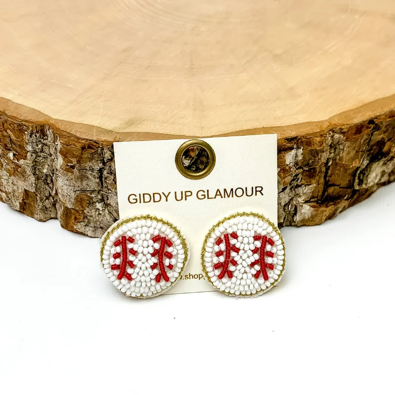 Beaded Baseball Stud Earrings in White