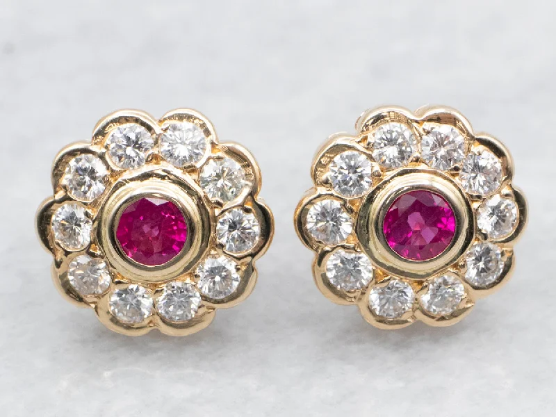 Bezel Set Ruby and Diamond Halo Stud Earrings