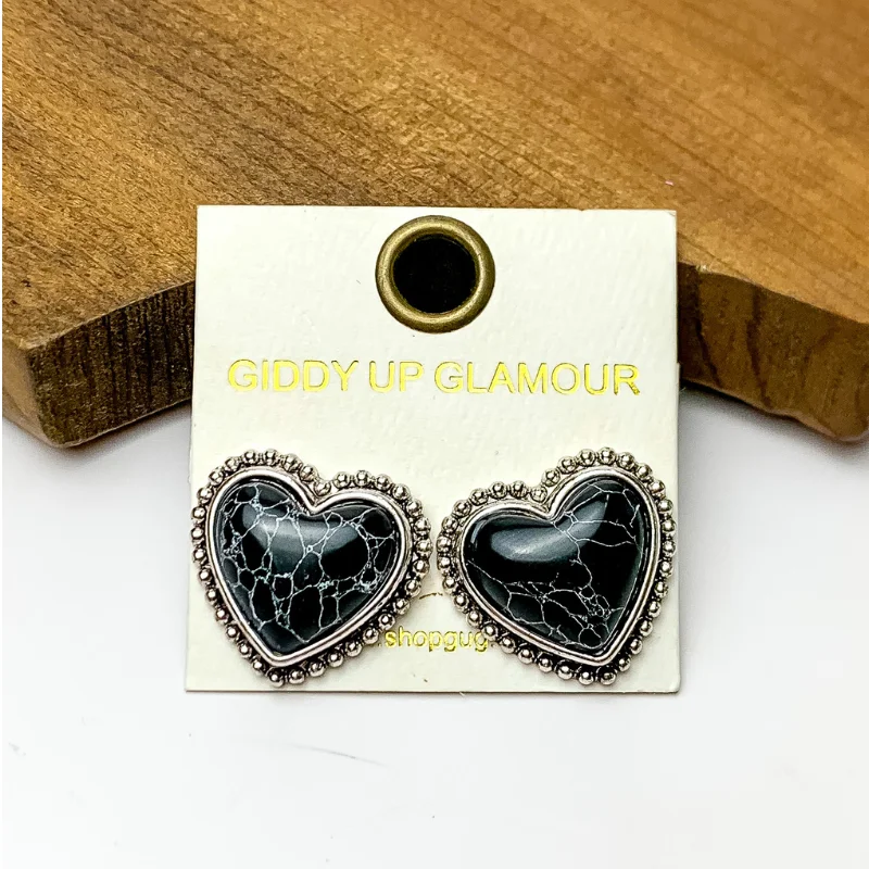 Black Marbled Heart Stud Earrings with a Silver Tone Trim