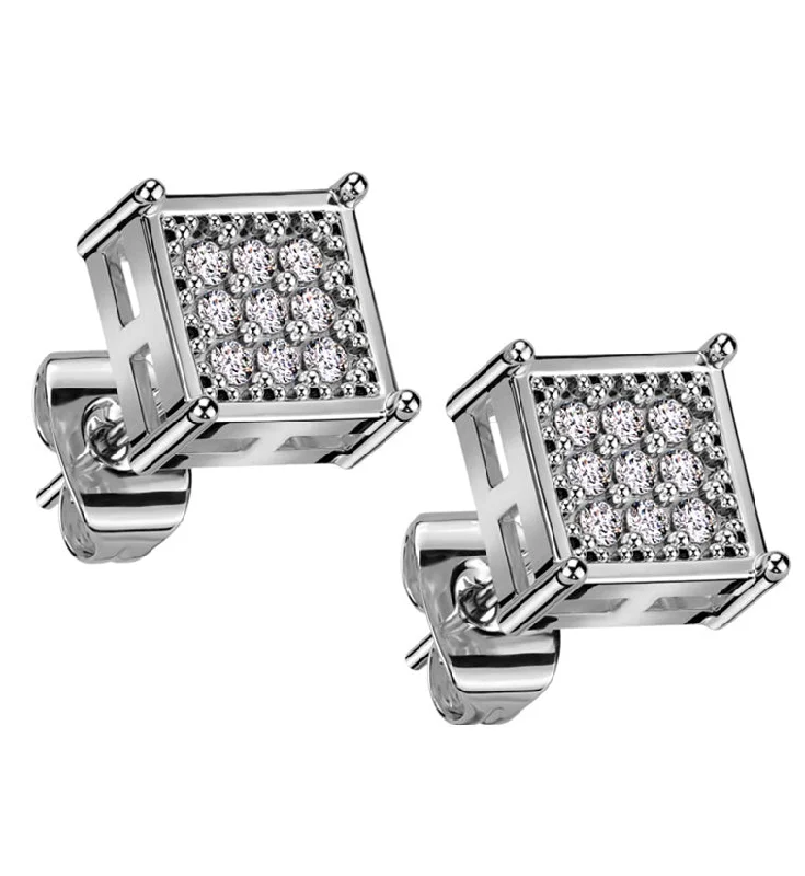 Block Clear CZ Stainless Steel Stud Earrings