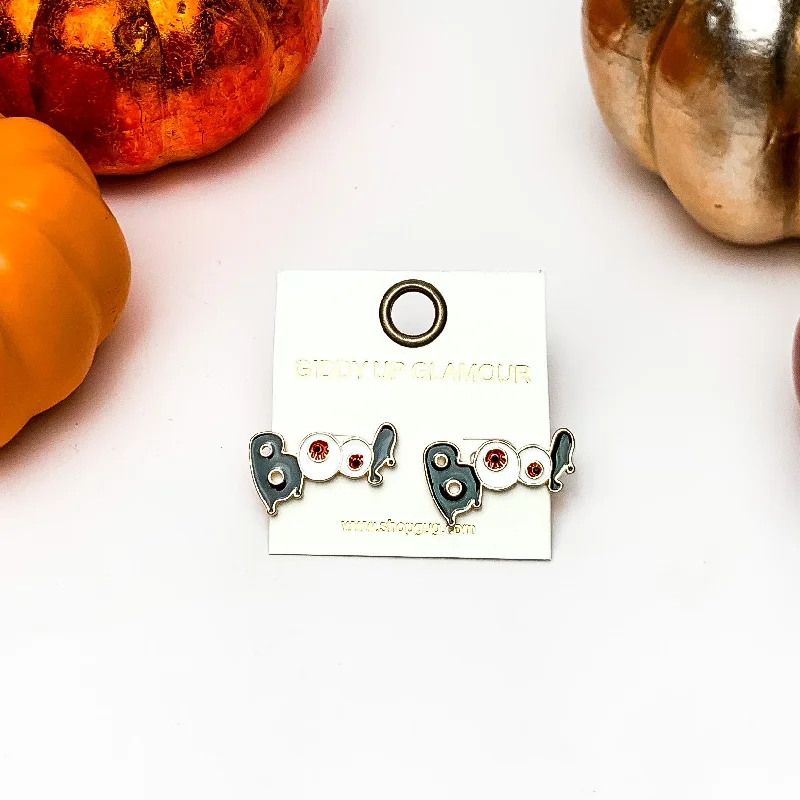 Boo Stud Earrings with Red Eyeballs in Black