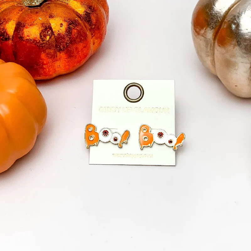 Boo Stud Earrings with Red Eyeballs in Orange