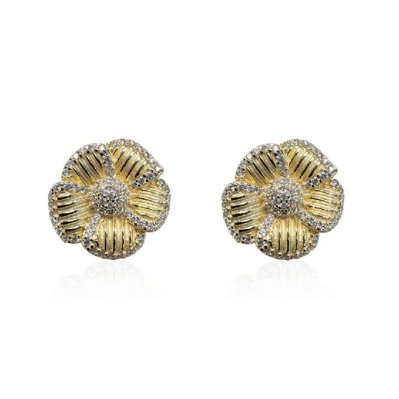 Brushed Gold Plated Flower Earrings with CZ Detail