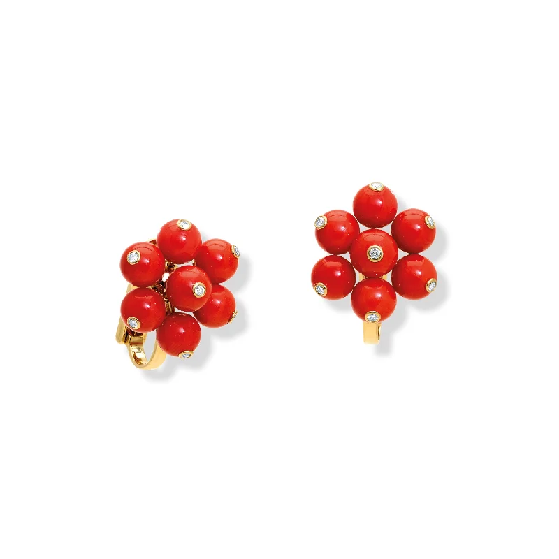 Cavolfiore Earrings 18ct Yellow Gold - Red Coral & Diamond