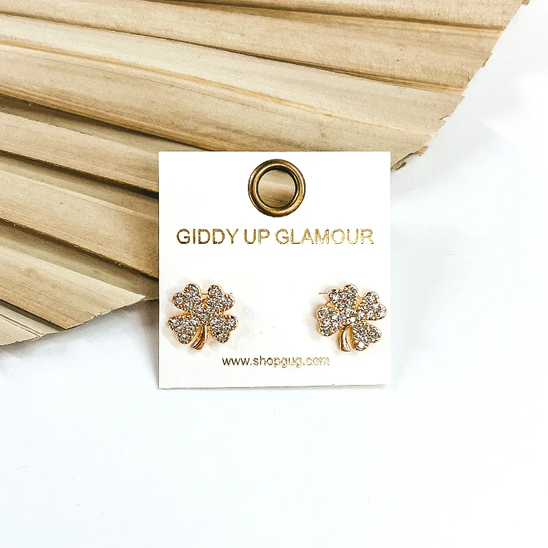 Clear Crystal Four Leaf Clover Stud Earrings in Gold