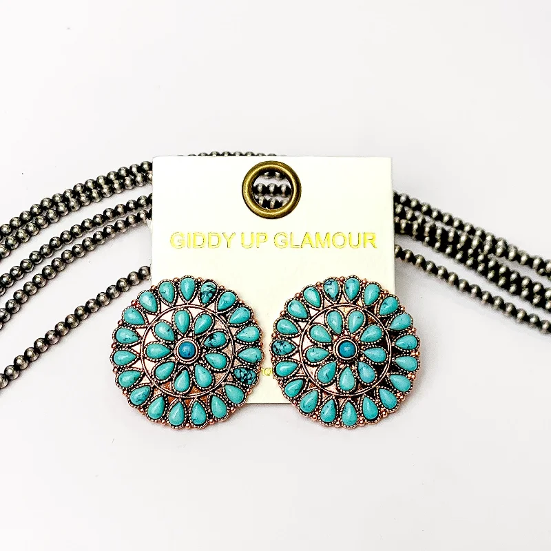 Copper Tone Circle Cluster Stud Earrings with Turquoise Blue Stones