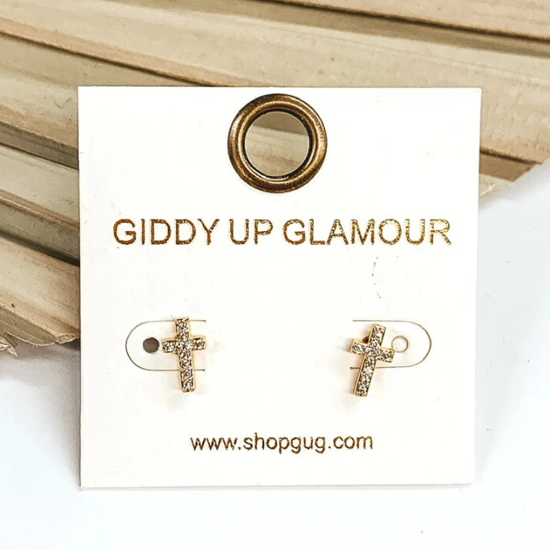 CZ Crystal Cross Stud Earrings in Gold